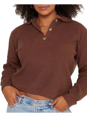 SET Active Chocolate Brown Button-Trim Knit Polo Sweater